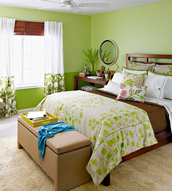Trang trí phòng ngủ dịu mát, thư thái với gam màu xanh lá cây